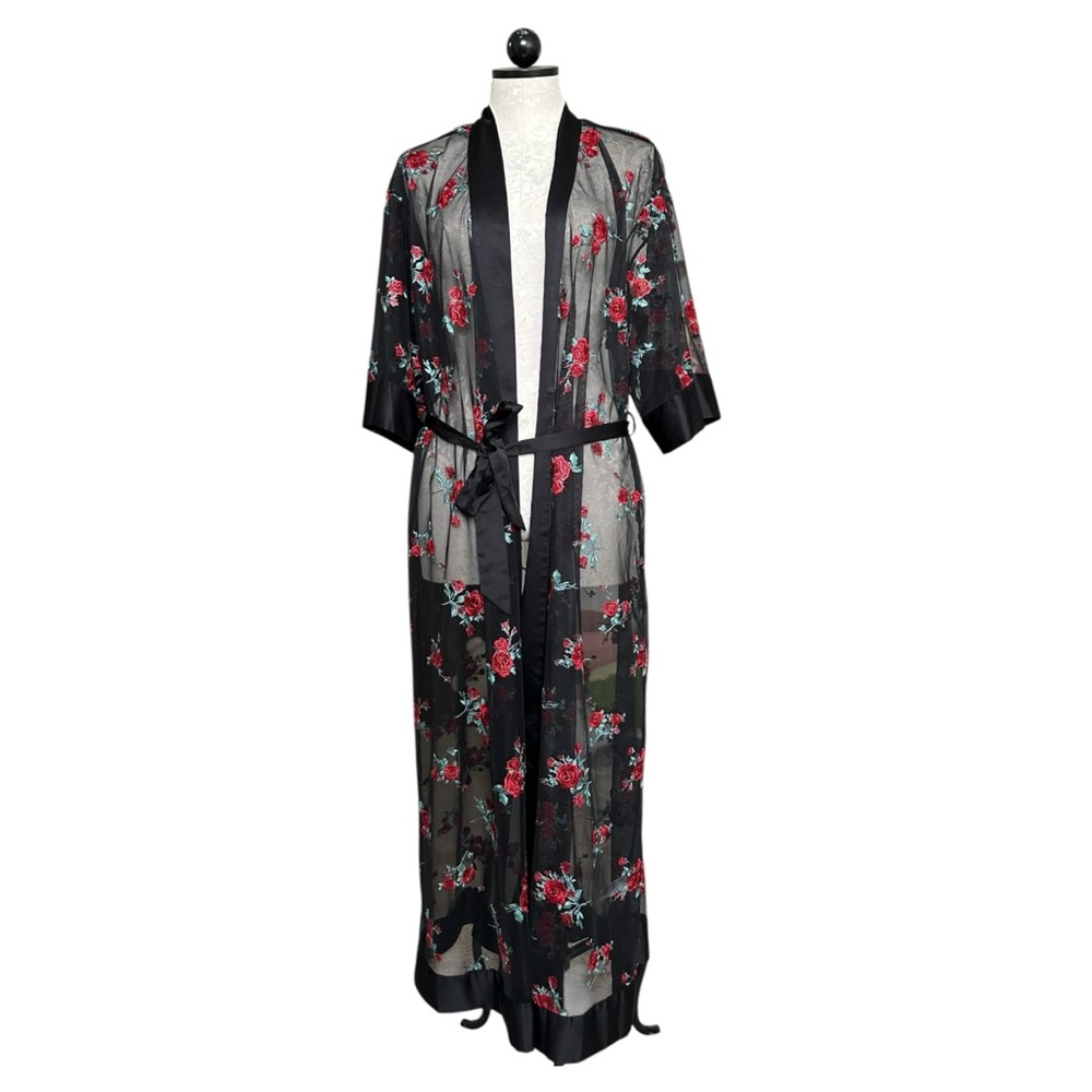 I.N.C. Robe Floral Embroidered Red Roses Sheer Black Ties At Waist Size M
